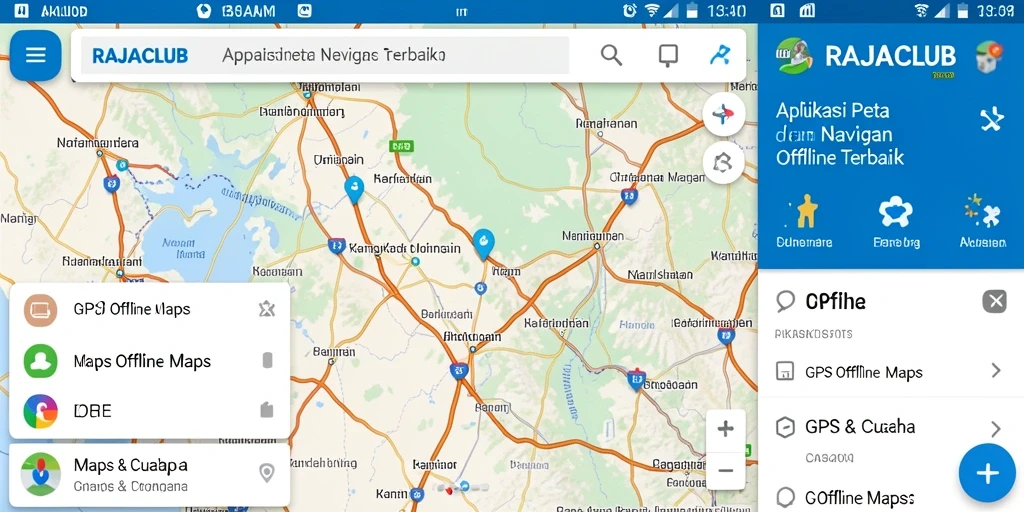 Screenshot antarmuka RAJACLUB menunjukkan fitur navigasi GPS Offline yang mudah digunakan.